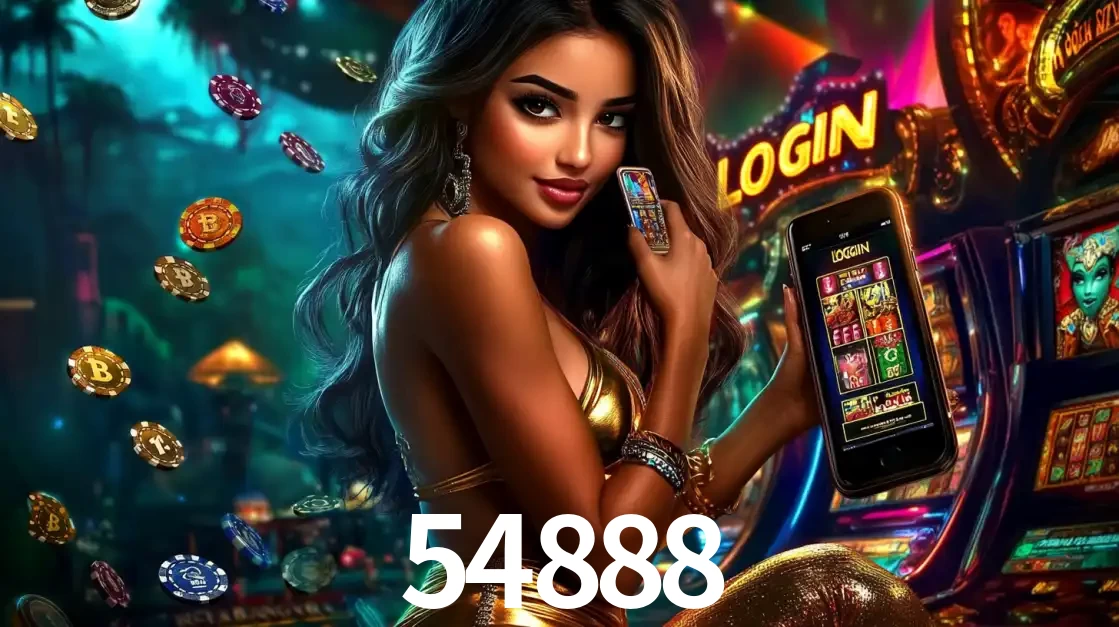 Mulher em um cenário de cassino temático de aventura, mostrando o app de caça-níqueis da 54888 no celular. Fichas de apostas flutuam ao redor.