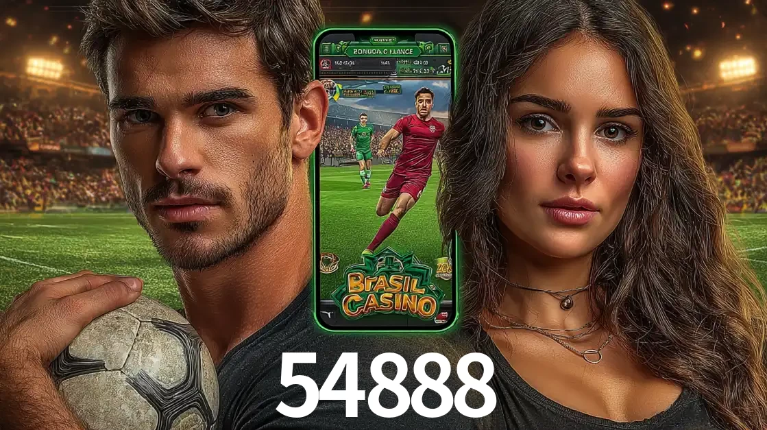 Homem segurando uma bola de futebol e uma mulher ao lado de um smartphone exibindo o jogo de apostas esportivas da 54888. Faça seu palpite no cassino online.